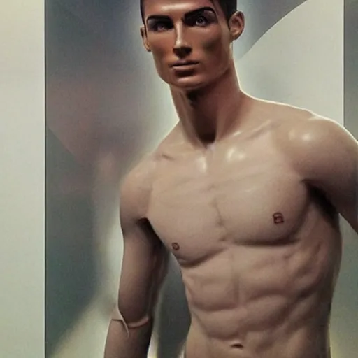 Image similar to “a realistic detailed photo of a guy who is an attractive humanoid who is half robot and half humanoid, who is a male android, Cristiano Ronaldo, shiny skin, posing like a statue, blank stare”