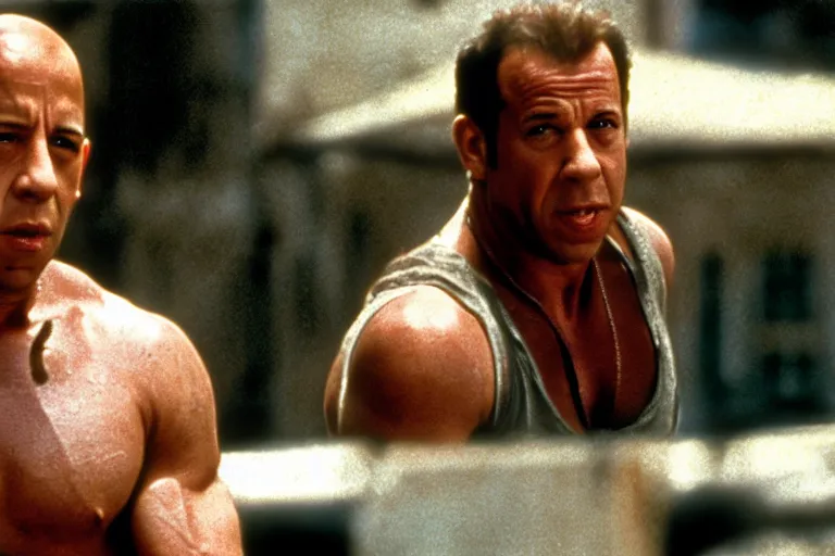 Image similar to film still of Vin Diesel as John McClane in Die Hard 1988