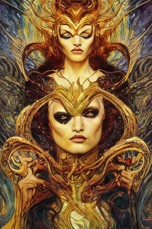 Image similar to Intermittent Chance of Chaos Muse by Karol Bak, Jean Deville, Gustav Klimt, and Vincent Van Gogh, Rebirth, Loki's Pet Project, Poe's Angel, Surreality, inspiration, imagination, sacred muse, otherworldly, fractal structures, arcane, ornate gilded medieval icon, third eye, spirals