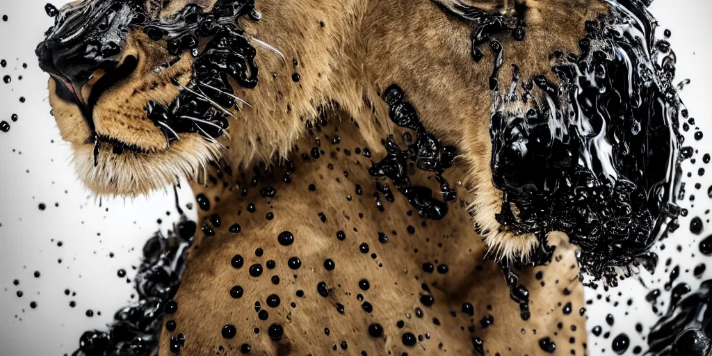 Prompt: a lioness made of ferrofluid bathing inside the bathtub full of ferrofluid at the photography studio, covered in dripping ferrofluid. dslr, wrinkles, ferrofluid, photography, realism, animal photography