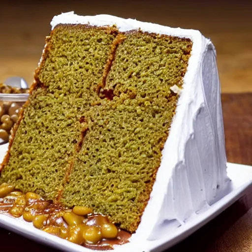 Prompt: a cake covered in baked beans and parsley, photo