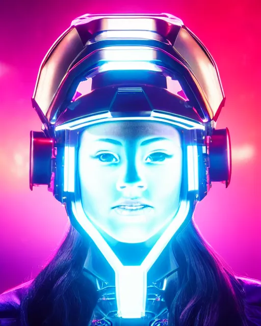 Image similar to centered medium shot fine studio photograph of a young woman wearing only a synthwave mecha Mayan helmet with bright lights, ultra-realistic, white background, 8k HDR, intricate