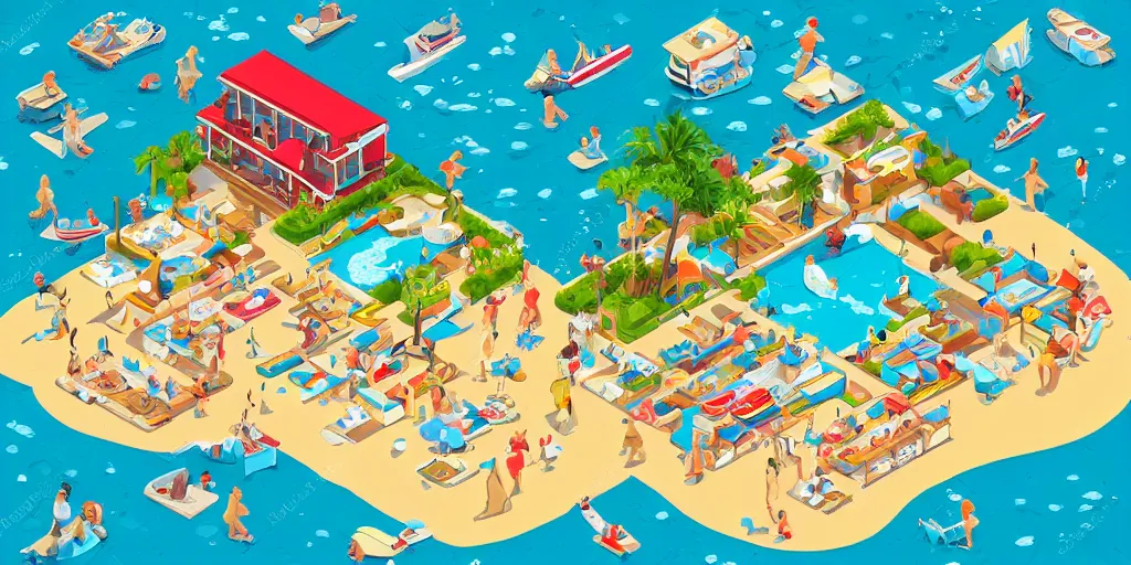 Prompt: a detailed isometric Where’s Waldo puzzle, setting is the beach