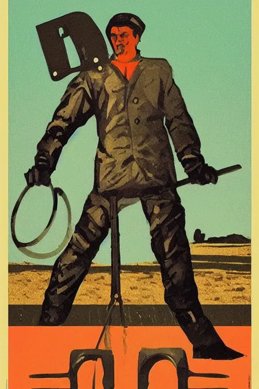 Image similar to “A man with a metal detector on a field. Word METAL written in Cyrillic letters. Soviet propaganda poster in the style of Dmitry Moor”