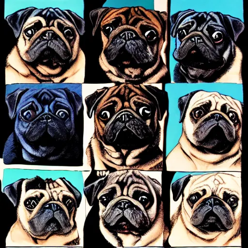 Image similar to self portrait showing family of pugs by yoji shinkawa, extra details, colored, 4 k, dynamic lighting