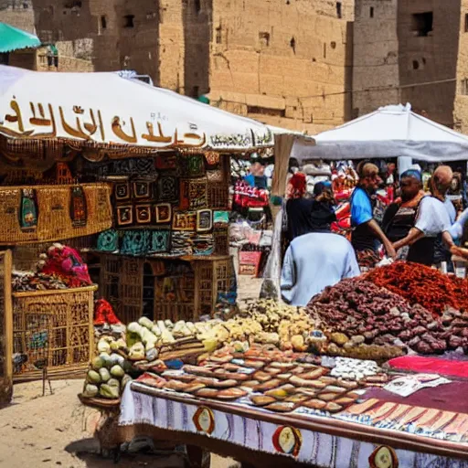 Image similar to an open air market in Egypt, vendors are selling wares, ancient relics, and mysterious trinkets