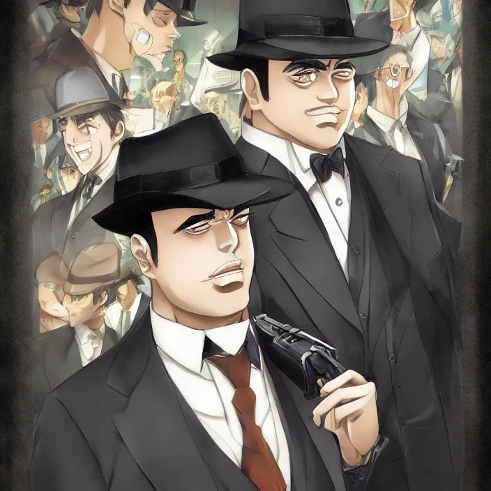 Image similar to portrait of al capone, anime fantasy illustration by tomoyuki yamasaki, kyoto studio, madhouse, ufotable, trending on artstation