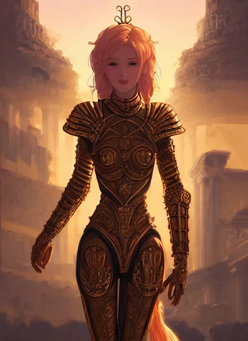 Prompt: portrait knights of zodiac girl, golden and copper shining armor, in ruined agora of athens sunrise, ssci - fi and fantasy, intricate and very very beautiful and elegant, highly detailed, digital painting, artstation, concept art, smooth and sharp focus, illustration, art by ilya kuvshinov and tian zi and wlop and z - - ed