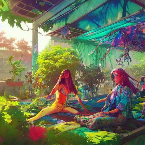 Image similar to hippie bohemian encampment with tie - dye tents and a garden. cyberpunk art by jesper ejsing, by rhads and makoto shinkai and lois van baarle and ilya kuvshinov and rossdraws, cgsociety, panfuturism, nature utopia, anime aesthetic