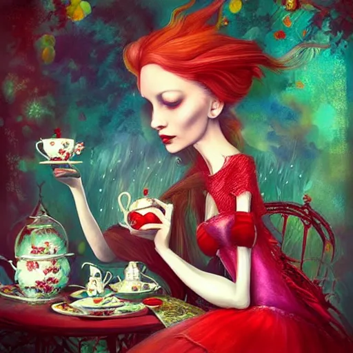 Image similar to the red queen from alice in wonderland having a tea party by anna dittmann, highly detailed, bright tones