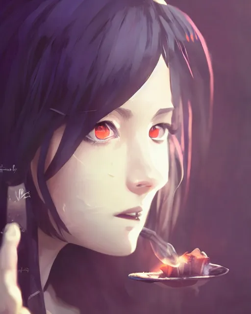 Image similar to goth smoking girl, full shot, atmospheric lighting, detailed face, by makoto shinkai, stanley artger m lau, wlop, rossdraws, james jean, andrei riabovitchev, marc simonetti, krenz c