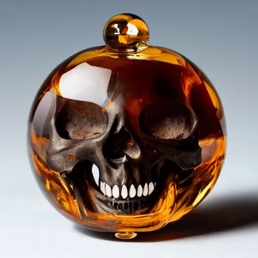 Image similar to a detailed alien skull encased inside amber sphere, photo realistic, hd,