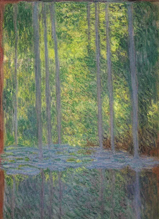 Image similar to trees growing from the ceiling of a dilapidated decaying building casting a reflection in water in the ground by claude monet