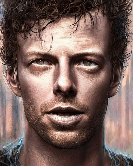 Image similar to chris martin ( coldplay singer ), hyper realistic face, beautiful eyes, fantasy art, in the style of greg rutkowski, intricate, hyper detailed, smooth