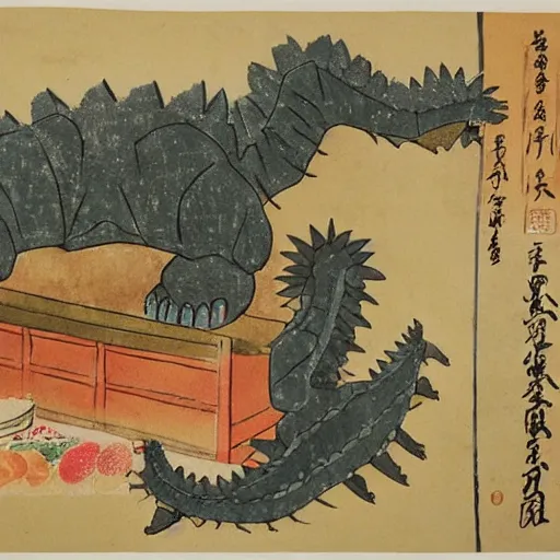 Prompt: ancient japanese watercolour of godzilla running a fruit stall in a market