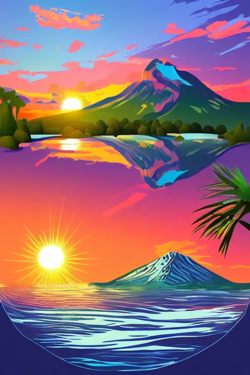 Prompt: sunrise mountain water vector illustration digital art by frankentoon studio trending on artstation