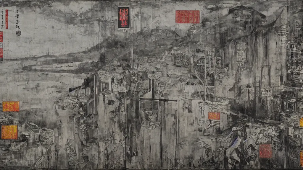 Prompt: a chinese prison near a river by peter doig, acid and grey colors, overlaid with chinese adverts