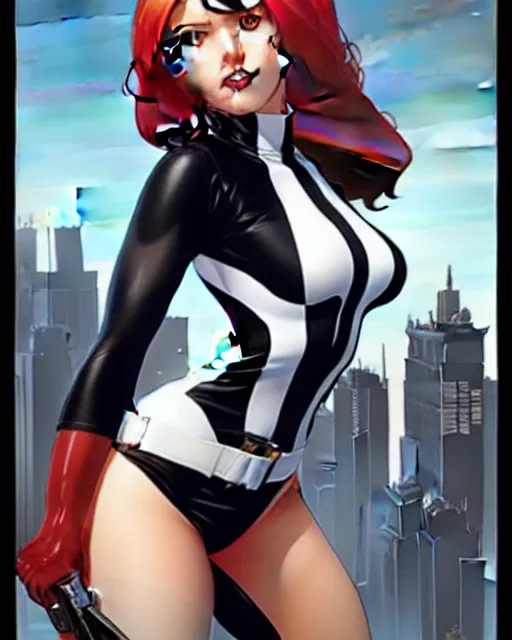 Image similar to phil noto comicbook cover art, artgerm, female domino marvel, black spot right eye, symmetrical eyes, long red hair, full body, city rooftop