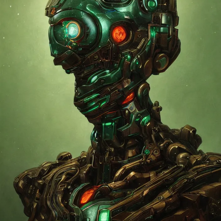 Image similar to portrait of a emerald Ultron from Age of Ultron, clockwork steampunk, head and chest only, by Beksinski, 4k, deviantart, trending on artstation