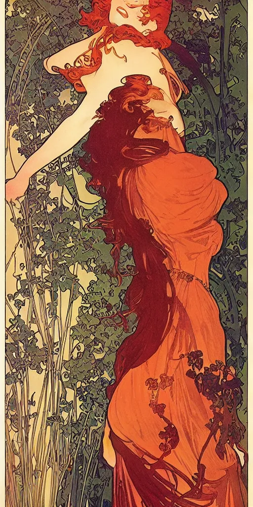 Image similar to highly detailed redhead woman poster style by designer alphonse mucha, maxfield parrish