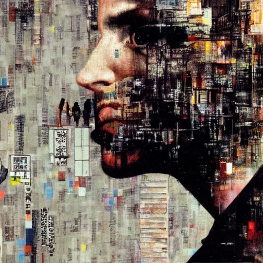 Prompt: a thrush wandering within the virtual realms of urban informatics and computational social science, oil on canvas by dave mckean and yoji shinkawa