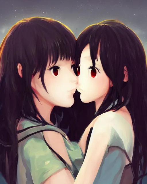 portrait of two girls kissing, anime, trending on, Stable Diffusion