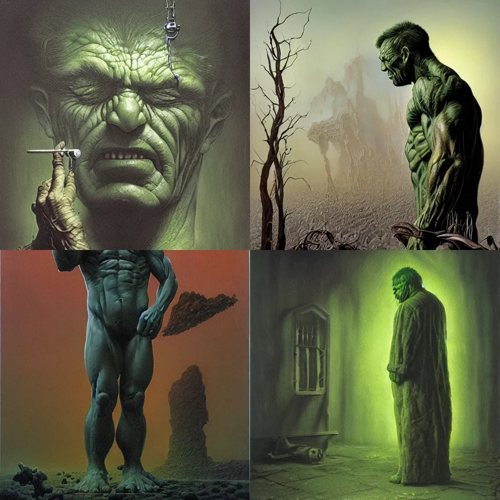 Prompt: incredible hulk, zdzislaw beksinski, ivan seal. the caretaker, leyland kirkby, michael whelan