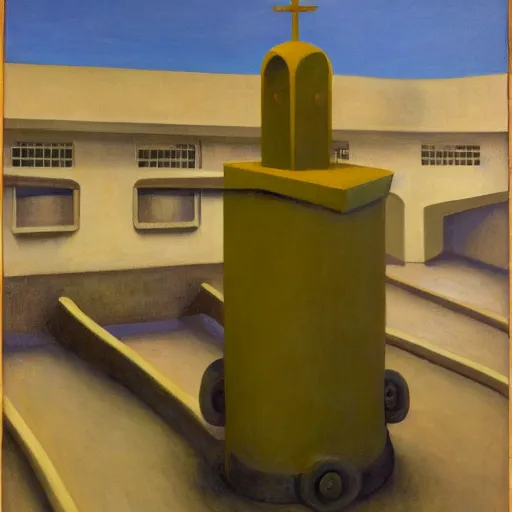 Image similar to robot bishop guards, human prisoners, brutalist prison ship, end times, grant wood, pj crook, edward hopper, oil on canvas