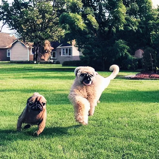 Image similar to “A Pug and a Golden Doodle playing in the suburbs”