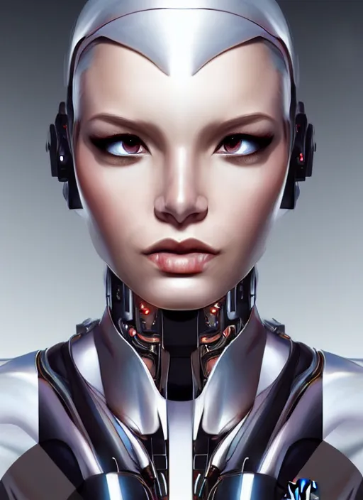 Image similar to portrait of a cyborg woman by Artgerm, (((((face turns left))))) (((((face turns right))))), eyes closed , biomechanical, hyper detailled, trending on artstation