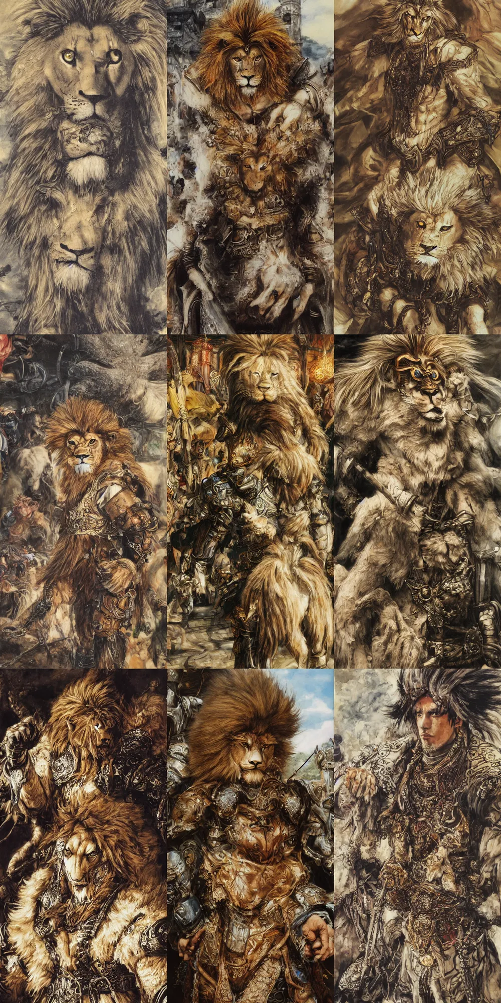 Image similar to 8 k yoshitaka amano painting of upper body of a young cool looking lion beastman with white mane at a medieval market at windy day. depth of field. he is wearing complex fantasy clothing. he has huge paws. renaissance style lighting.