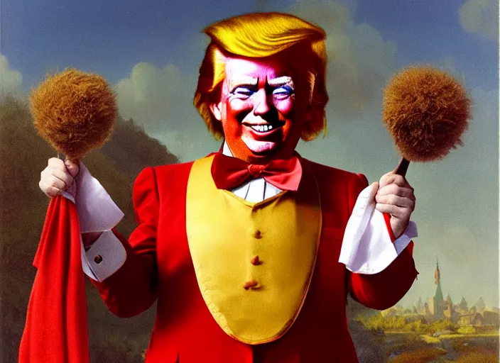 Image similar to donald trump dressed as ronald mcdonald, matte painting, by isaac levitan and asher brown durand,