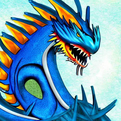 Prompt: blue dragon with a white belly and orange eyes award winning digital art