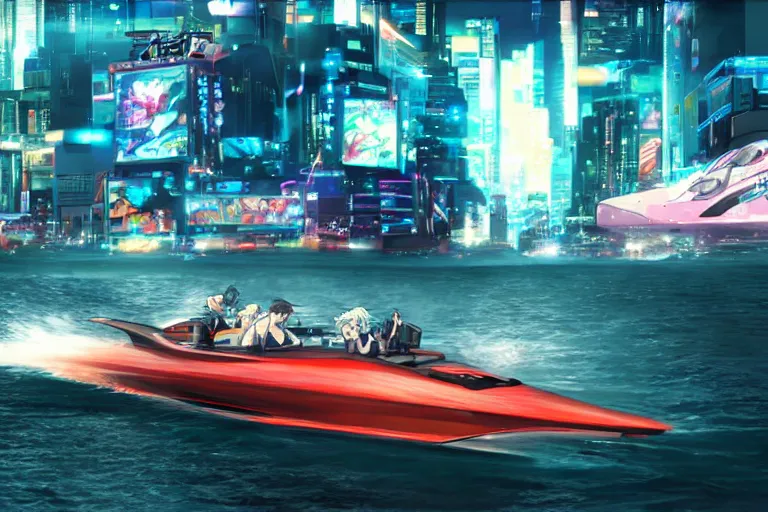 Image similar to Anime Cyberpunk Speedboat going Full speed, movie still, speed, cinematic Panavision 5384 film