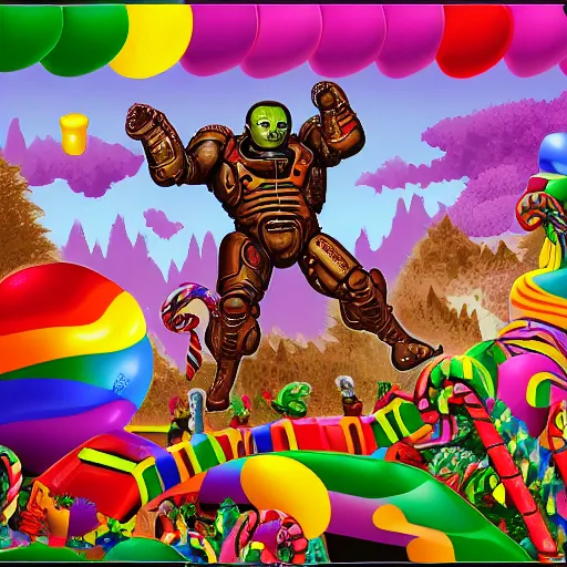 Prompt: the Doom Guy's adventure in Candy Land, 4k, highly detailed, digital art