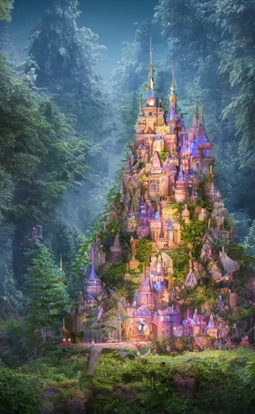 Prompt: microscopic castle on a hill, magical forest, community, robots, electric, furry, soft, concept art, intricate details, highly detailed, photorealistic, disney pixar, octane render, iridescent, anime, 8 k