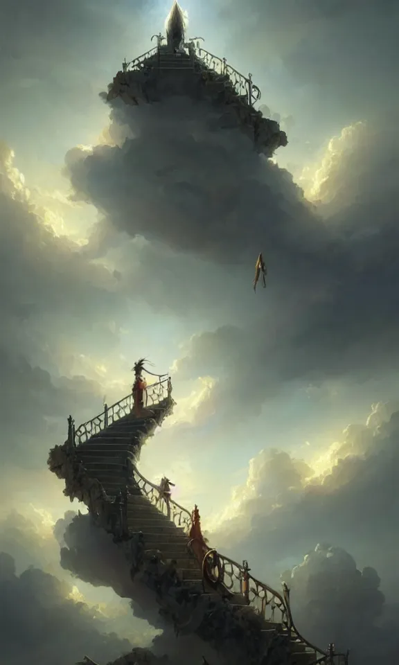 Image similar to straight staircase to heaven, sky full of clouds, art by greg rutkowski and peter mohrbacher, featured in artstation, octane render, cinematic, elegant, intricate, ultra detailed, rule of thirds, professional lighting, unreal engine, fantasy, concept art, sharp focus, illustration, 8 k