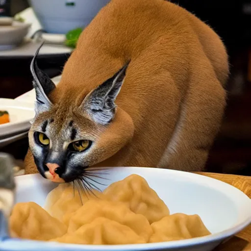 Image similar to Caracal cat eats dumplings