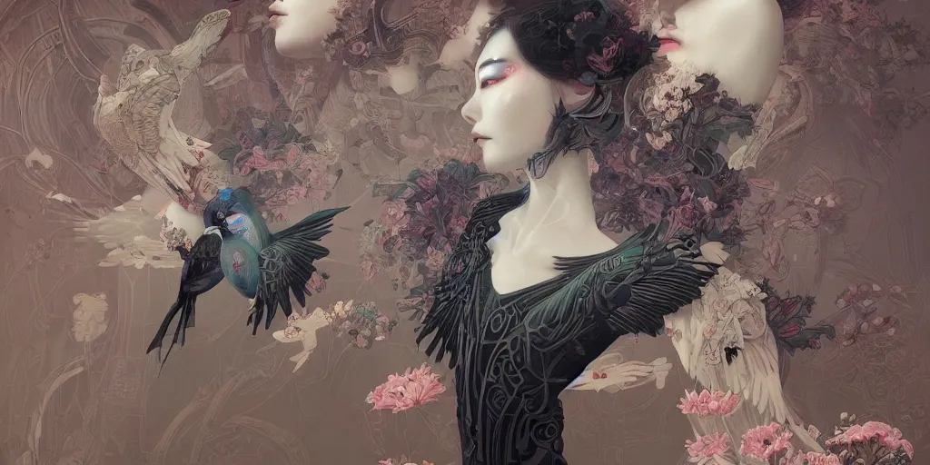 Prompt: breathtaking detailed hellbllade cyborg concept art painting art deco pattern of birds goddesses amalmation flowers, by hsiao ron cheng, tetsuya ichida, bizarre compositions, exquisite detail, extremely moody lighting, 8 k, art nouveau, old chines painting