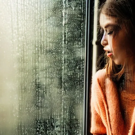 Prompt: a beautiful woman photographed through a rainy window, bokeh,