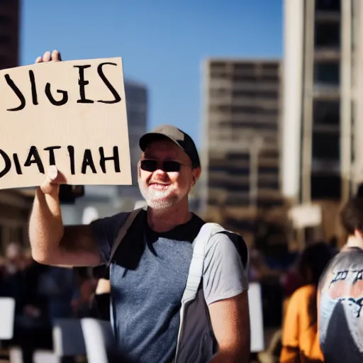 Prompt: photograph of smiling man holding a protest sign saying'dhsvdoabdjxhs sjsjsjdj djdididk ', high detail, 8 k resolution