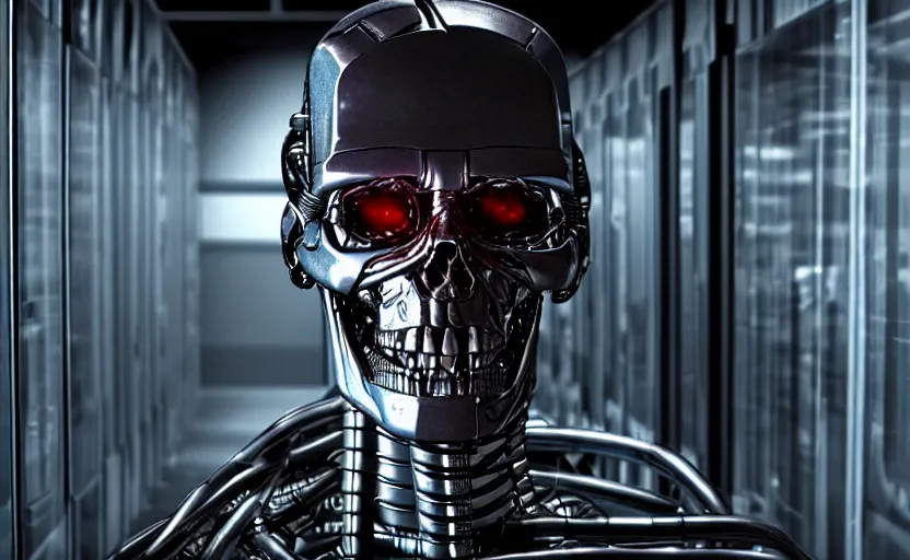 Image similar to terminator without flesh, staying in front of data center room. extreme long shot, high detail, cinematic colors