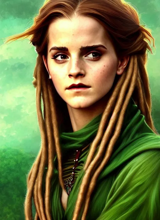 Image similar to redskin emma watson as druidess, long dreadlocks, brown and green cloth, shiny background, intricate, elegant, highly detailed, digital painting, artstation, concept art, smooth, sharp focus, illustration, artgerm, bouguereau