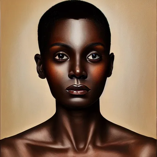 Image similar to A portrait of a thin trendy and gorgeous non-binary person, dark black skin tone, oil painting, majestic, detailed, high resolution