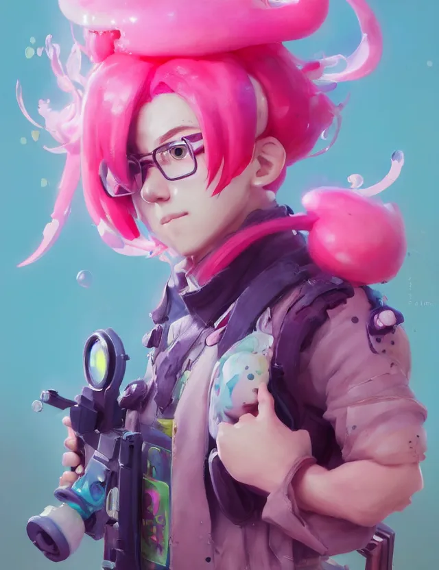 Prompt: a beautiful portrait of a cute splatoon anime male with pink hair. character design by cory loftis, fenghua zhong, ryohei hase, ismail inceoglu and ruan jia. artstation, volumetric light, detailed, photorealistic, fantasy, rendered in octane