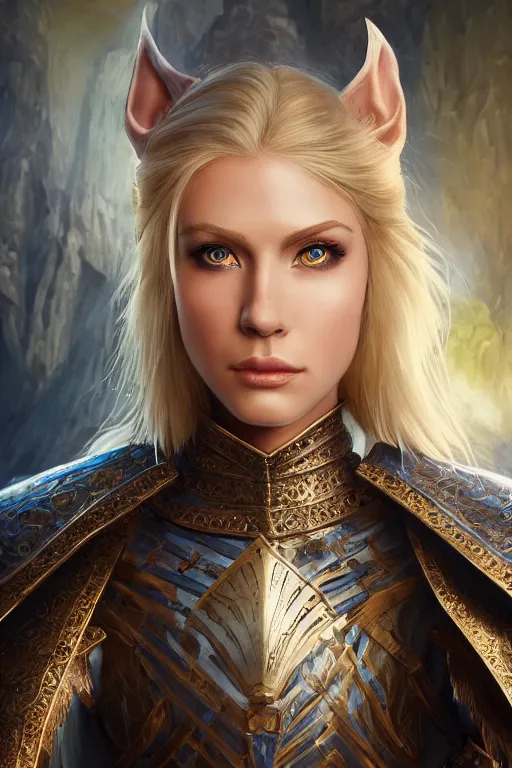 Prompt: highly detailed full body portrait painting of a proud young elven knight in the style of Warhammer Fantasy by Artgerm and Arian Mark, short blonde hair, blue eyes, sapphire earrings, no helmet, low angle shot, highly detailed, trending on artstation, cgsociety, 4k, 8k, HDR, octane render, unreal engine