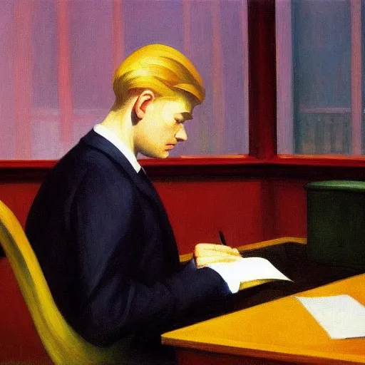 Image similar to a detailed painting, blonde man at a office desk, edward hopper,