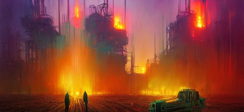 Image similar to beautiful masterpiece painting of a dystopian city in a future radioactive glowing swamp, biofuel oilfields burning extraction rig, by Remedios Varo and Anato Finnstark and Greg Rutkowski, dayglo pink, dayglo blue, by Craig Mullins, ilya kuvshinov, krenz cushart, artgerm, 8k, trending on ArtStation