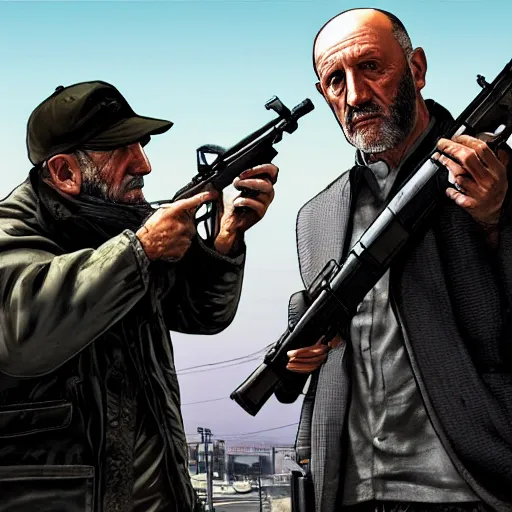 Prompt: Mike Ehrmantraut holding a rifle in GTA V, cover art by stephen bliss, highly detailed, 4k