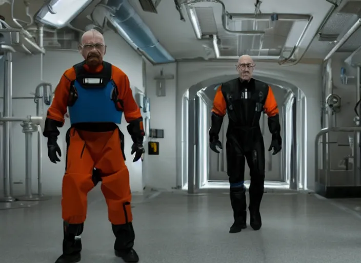 Image similar to film still of Walter White as Gordan Freeman in an underground lab facility wearing a black HEV suit with an orange lambda logo in front with a glowing blue portal in the background in the Half Life Movie, 4k